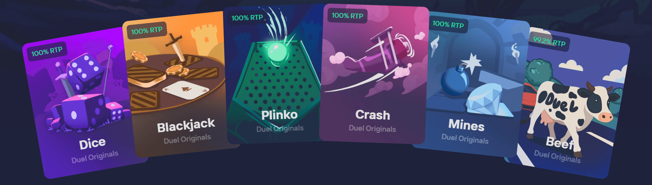 The five Duel Originals that run at 100% RTP: Dice, Blackjack, Plinko, Crash and Mines