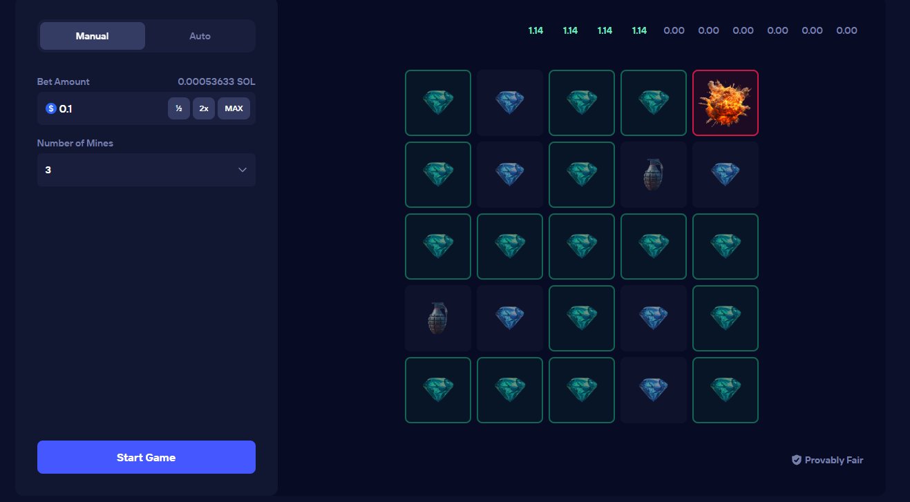 A Duel Mines round in progress with revealed tiles and the running multiplier