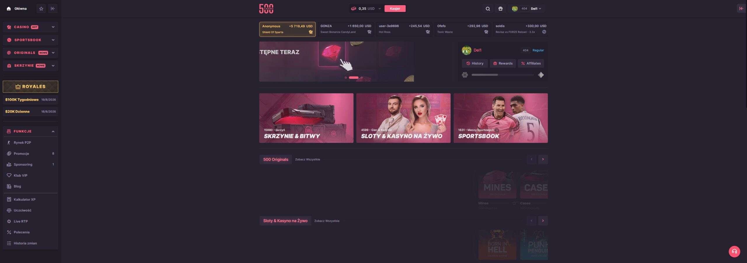 500 Casino casino lobby showing the game categories and live balance