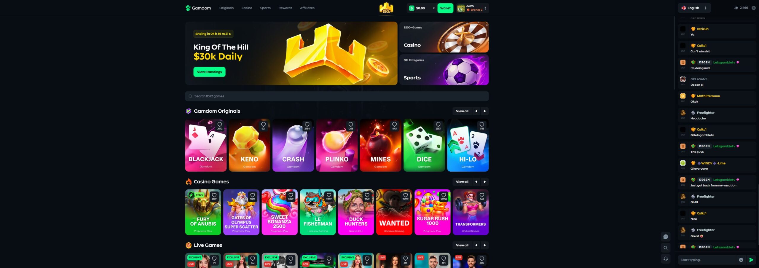 Gamdom casino lobby showing the game categories and live balance