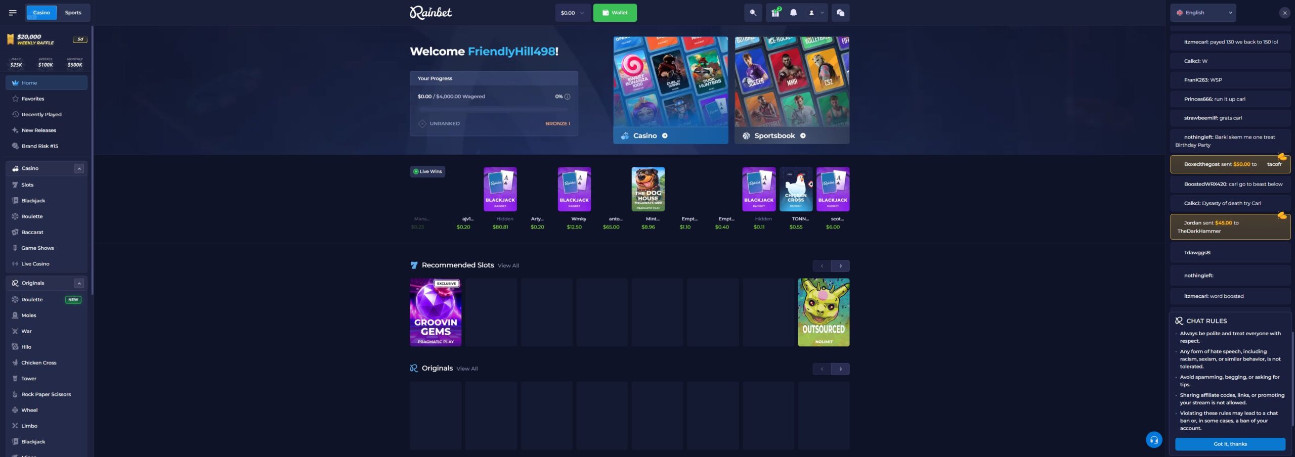 Rainbet casino lobby showing the game categories and live balance