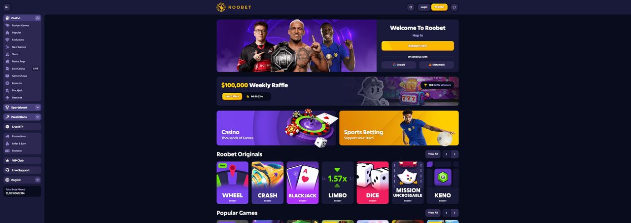 Roobet casino lobby showing the game categories and live balance