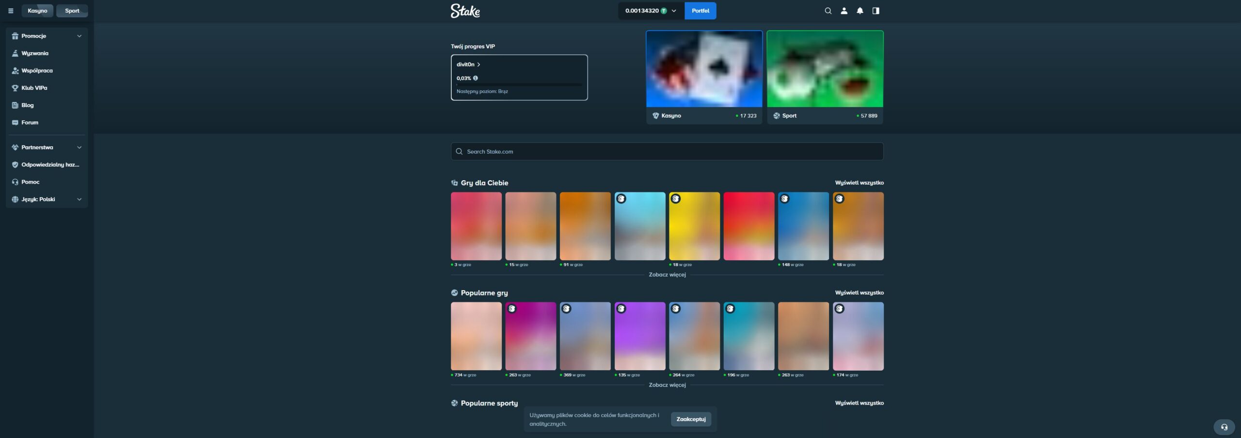 Stake casino lobby showing the game categories and live balance