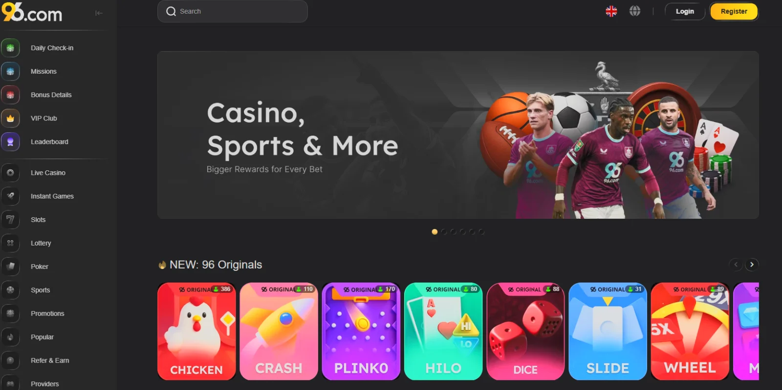 screenshot of the 96.com game lobby with filters and categories