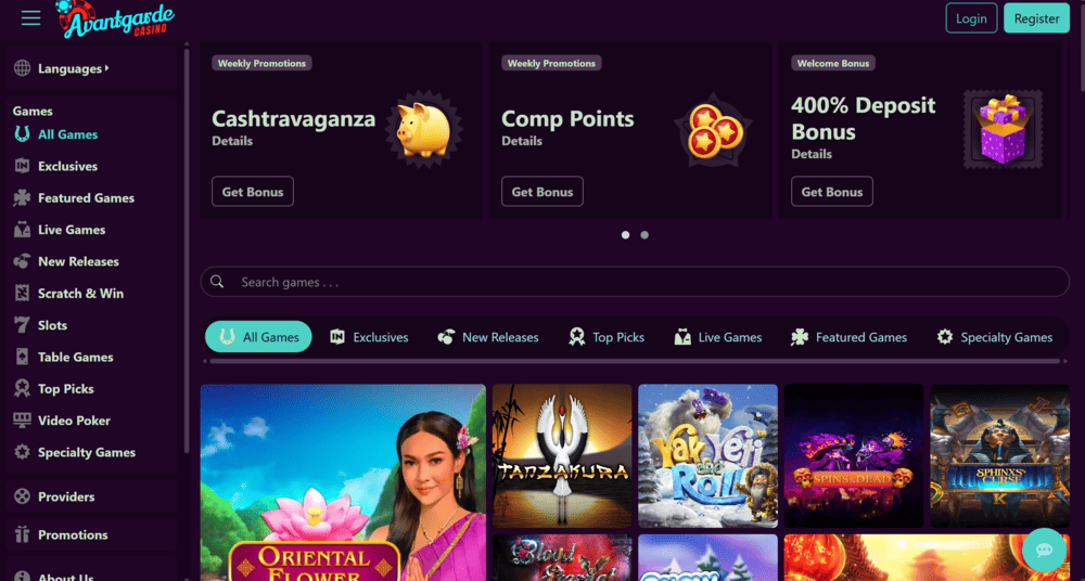 screenshot of the Avantgarde Casino lobby