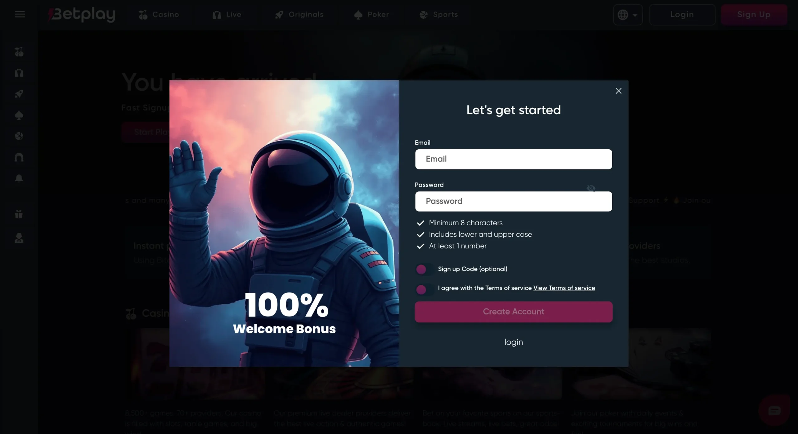 screenshot of the BetPlay app – live betting interface and entry to the Casino section
