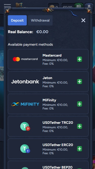 screenshot of the BetWarts payment section