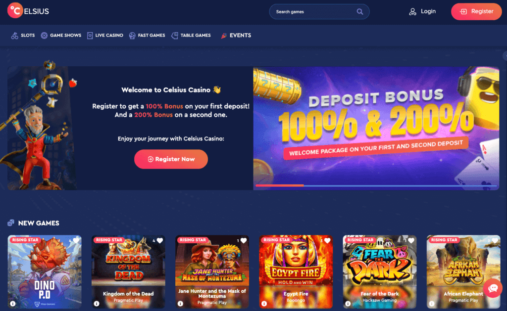 screenshot of Celsius Casino homepage