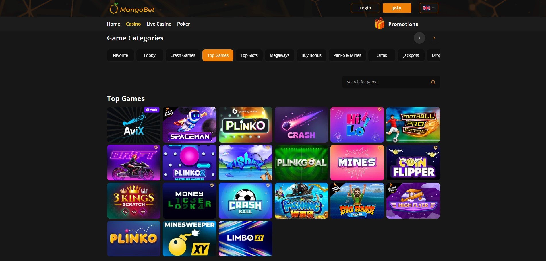 screenshot of MangoBet lobby with game categories and search bar