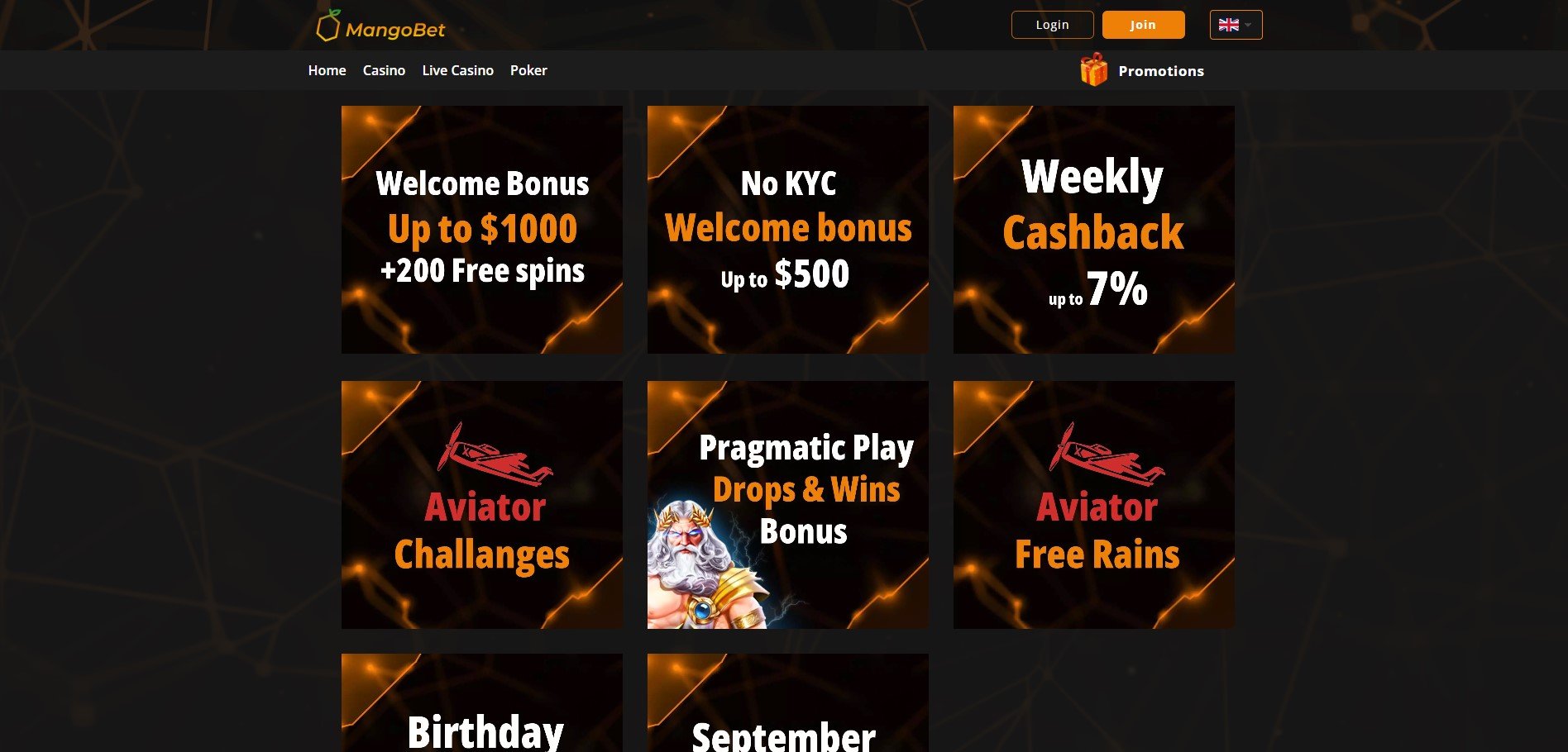 screenshot of MangoBet promotions section with bonuses and cashback