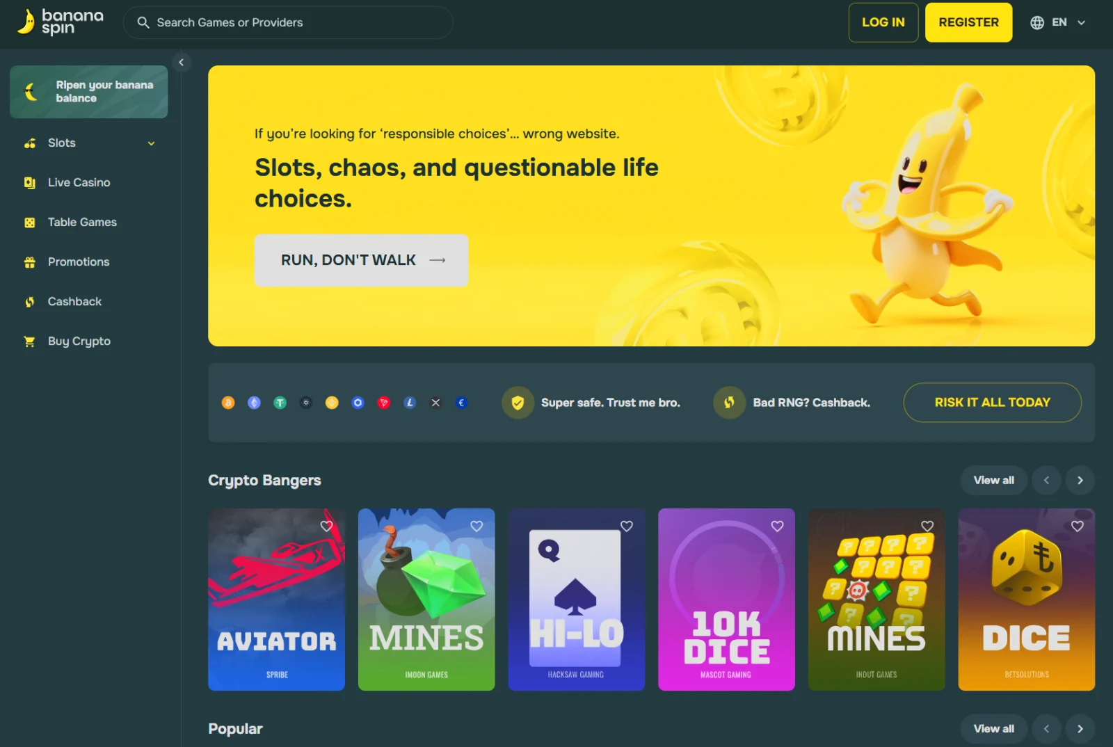 screenshot of the BananaSpin homepage in a tropical theme