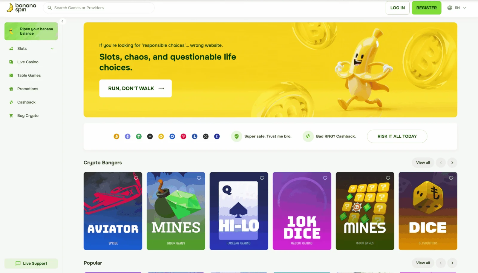 screenshot of the BananaSpin casino panel with a list of cryptocurrencies