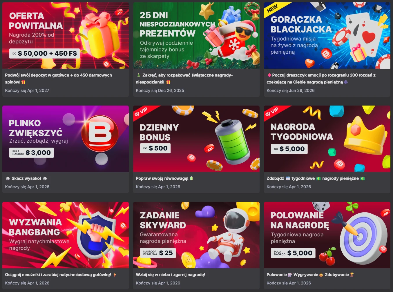 screenshot of the Bang Bang Casino promotions and bonuses page