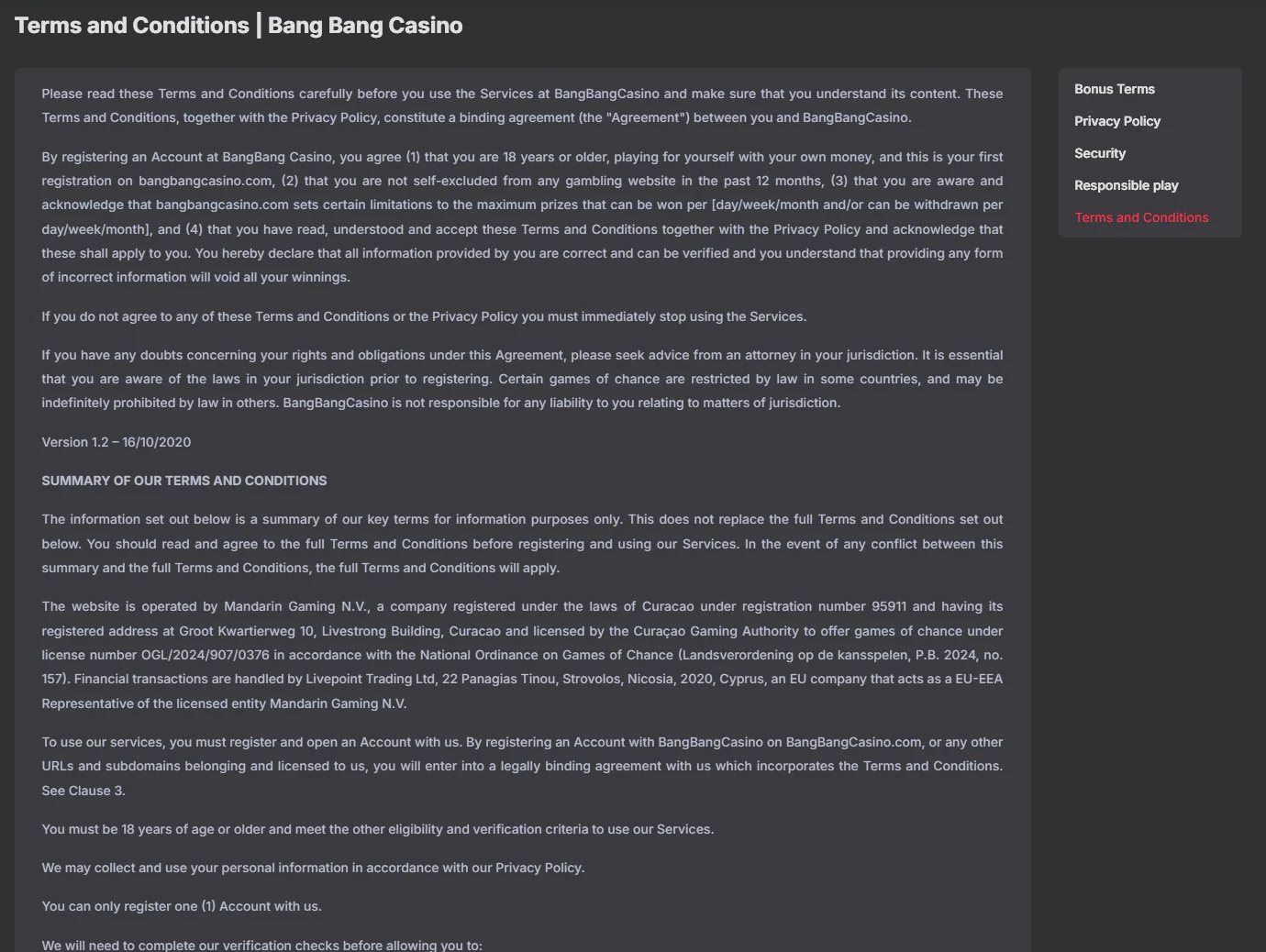 screenshot of the Bang Bang Casino terms page