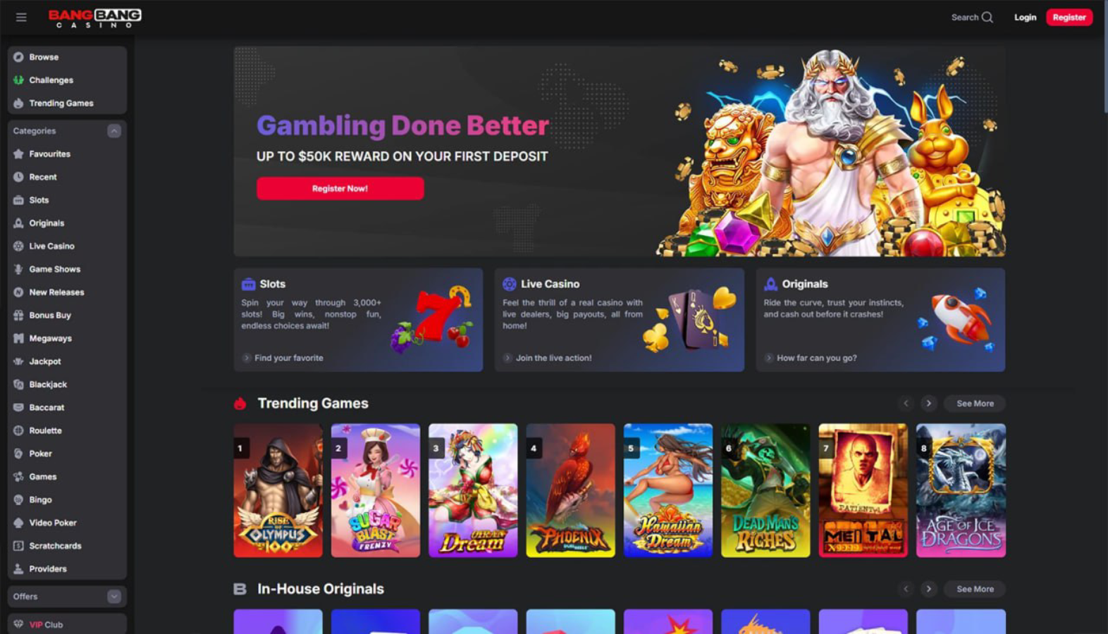 screenshot of the Bang Bang Casino lobby