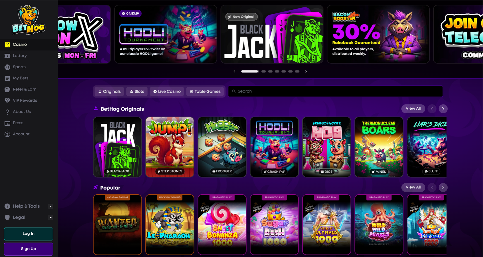 screenshot of BetHog Casino homepage – lobby, Casino and Sports menu, and Originals section