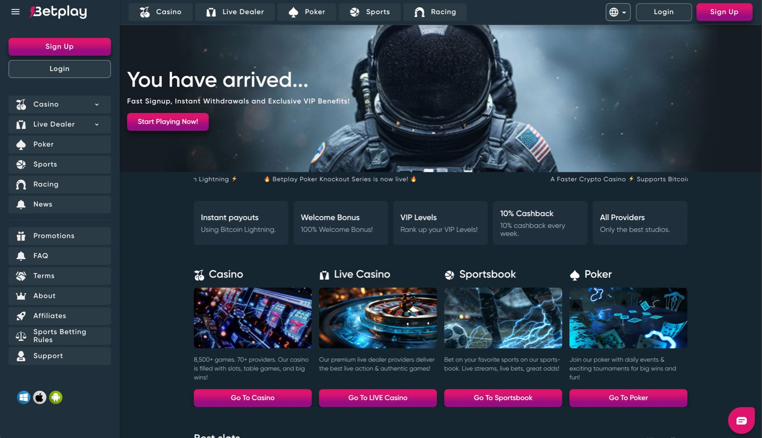 screenshot of the BetPlay homepage – sports betting lobby and entrance to the Casino