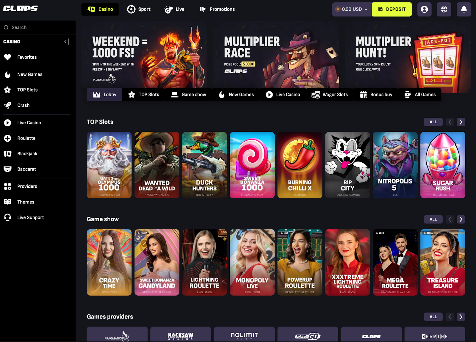screenshot of the Claps Casino lobby