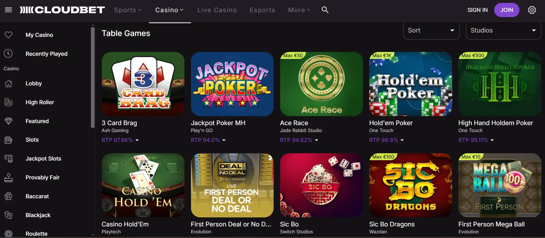 screenshot of Cloudbet homepage