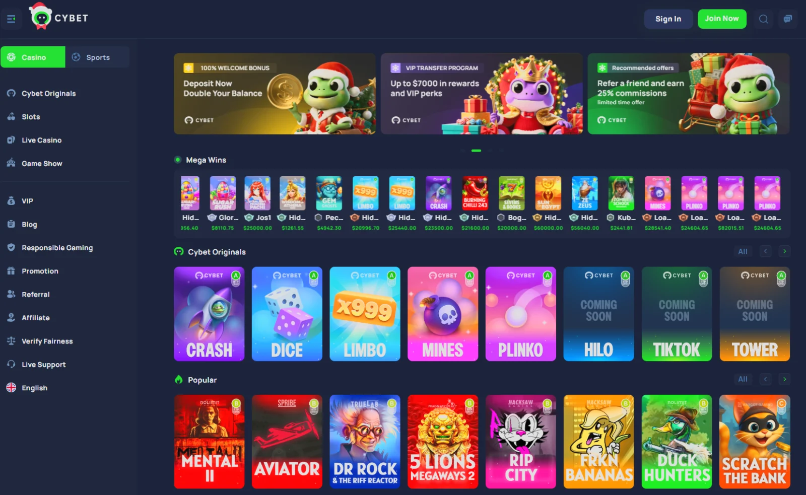 Cybet casino homepage screenshot