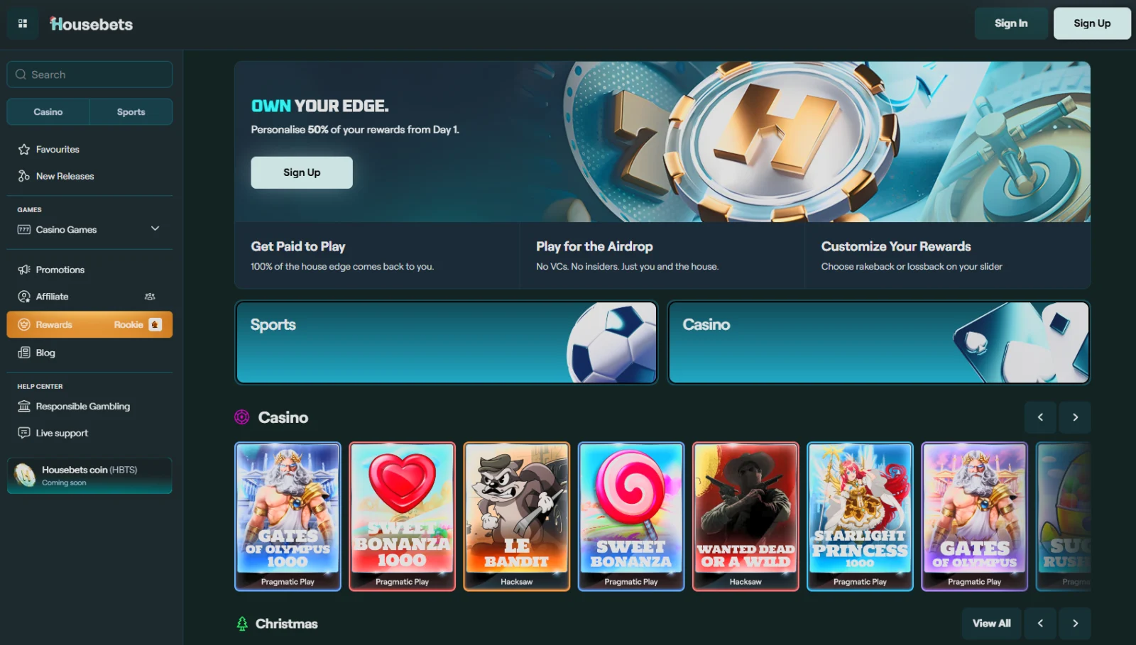 screenshot of Housebets lobby (casino + sportsbook)