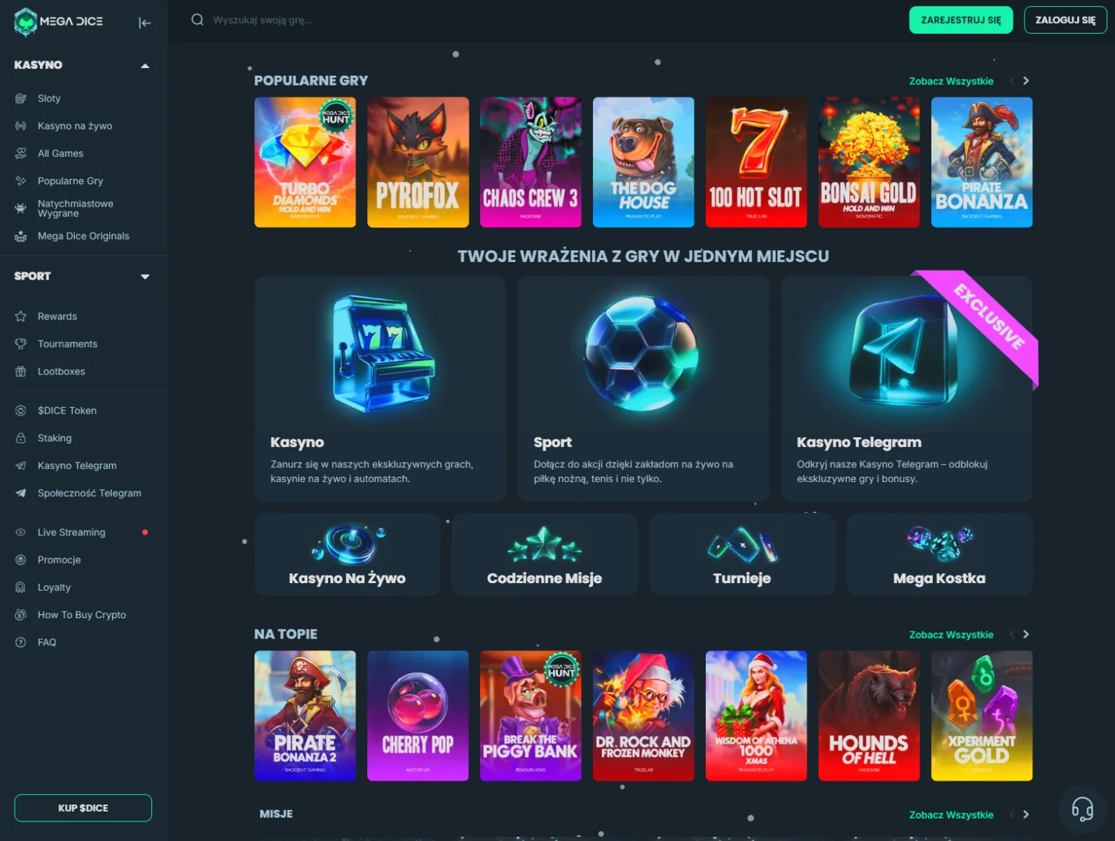 screenshot of Mega Dice Casino lobby