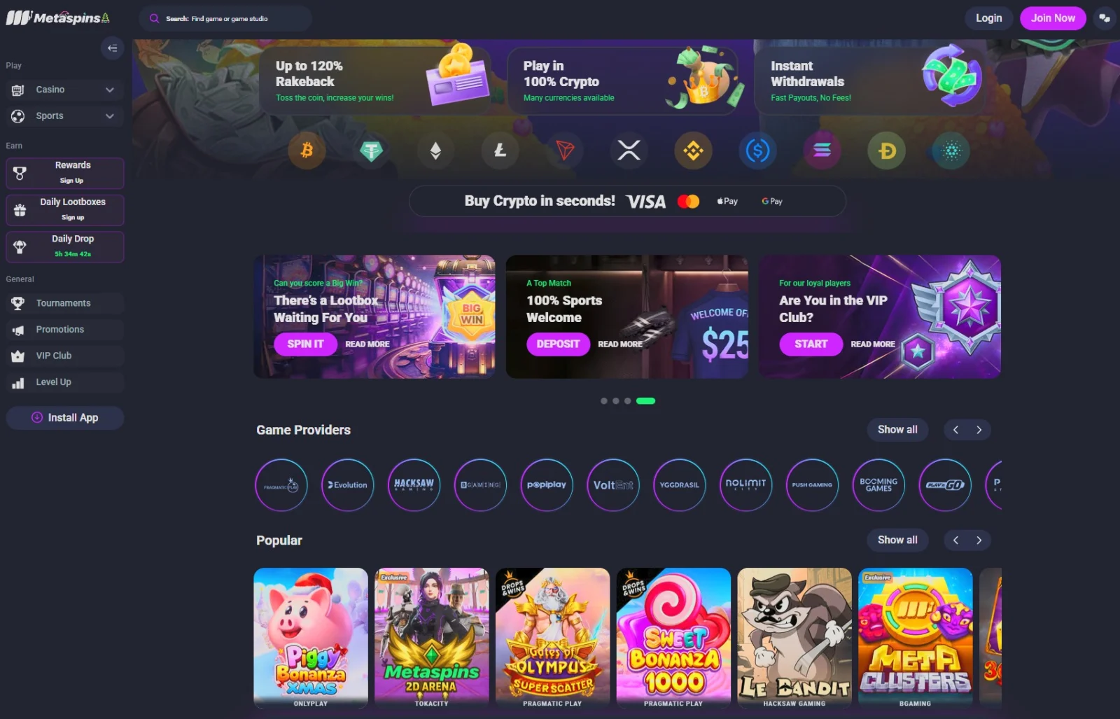 screenshot of the Metaspins game lobby with slot and live casino filtering
