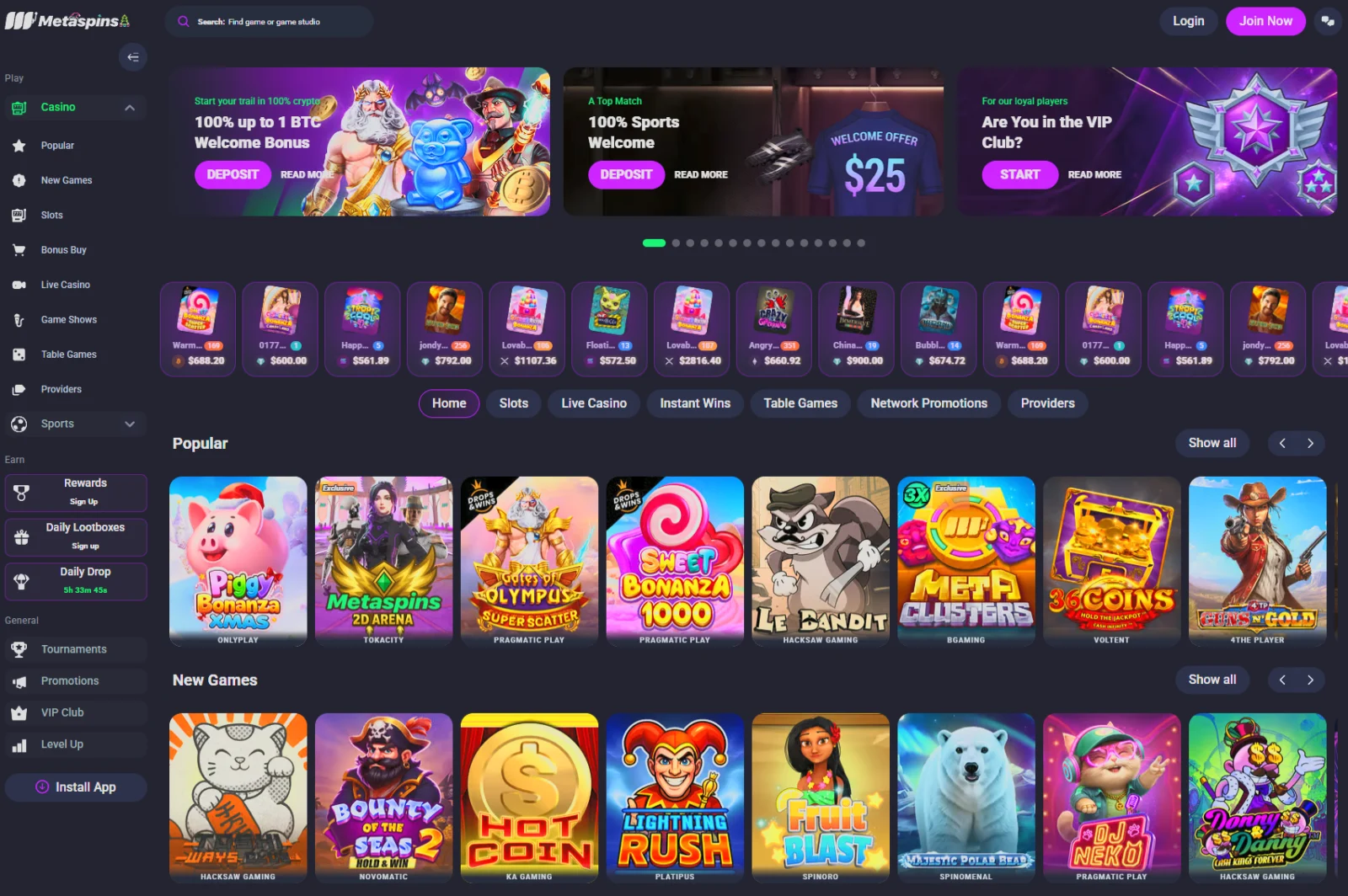 screenshot of the Metaspins casino homepage with game menu and sportsbook