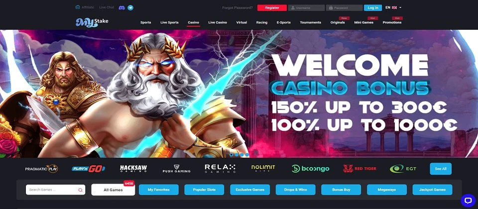 screenshot of MyStake Casino lobby – Casino, Live and Sportsbook sections