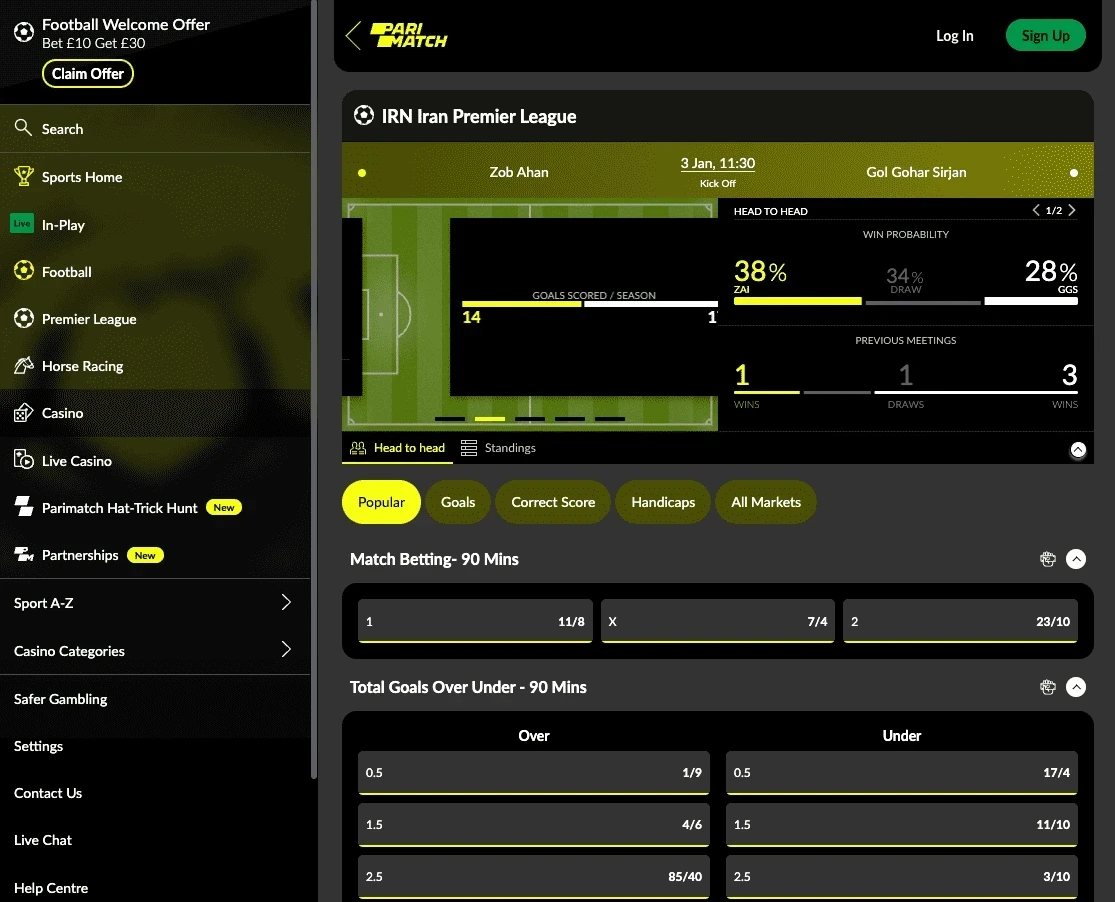 screenshot of the Parimatch live casino section with live games