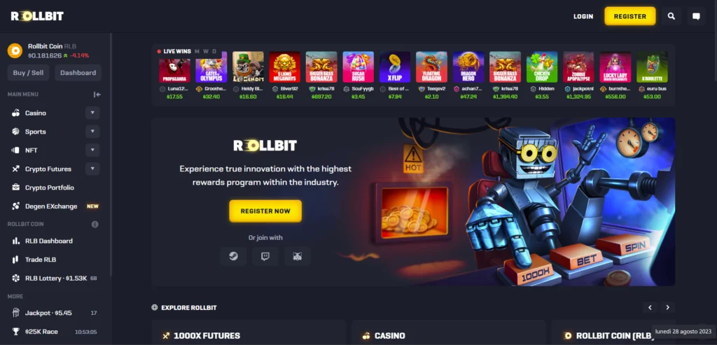 screenshot of the Rollbit lobby – homepage, Casino / Sportsbook / Trading tabs