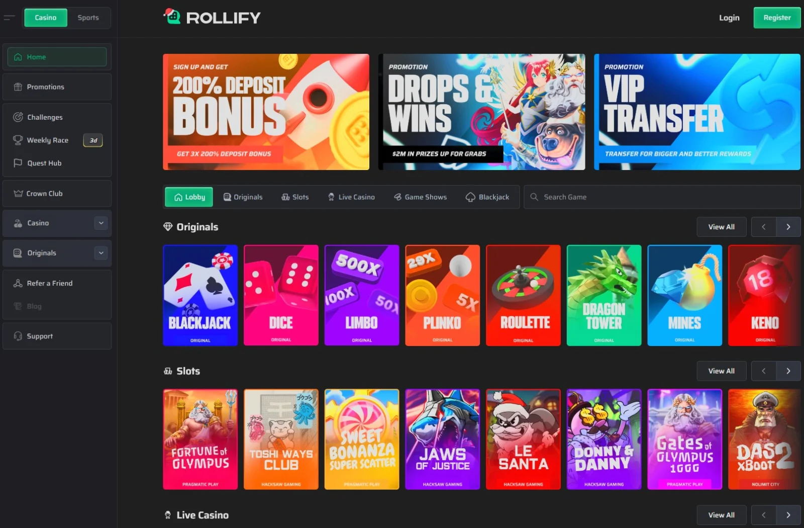screenshot of the Rollify Casino homepage