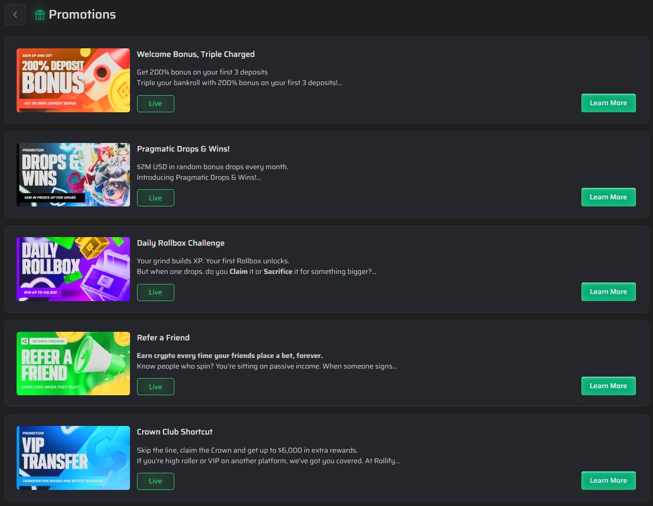 screenshot of the Live Casino section at Rollify