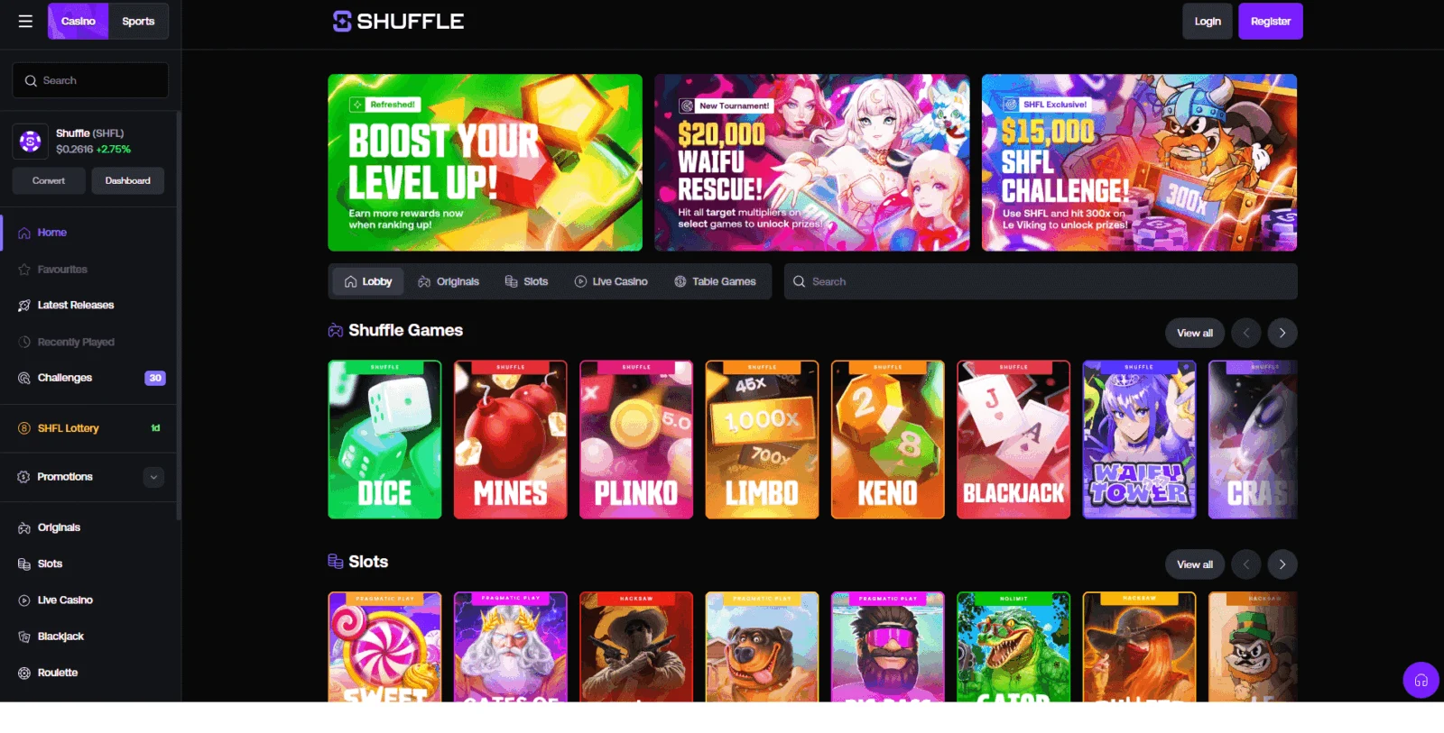 screenshot of the Shuffle Casino (Shuffle.com) homepage, lobby and Casino/Sports menu