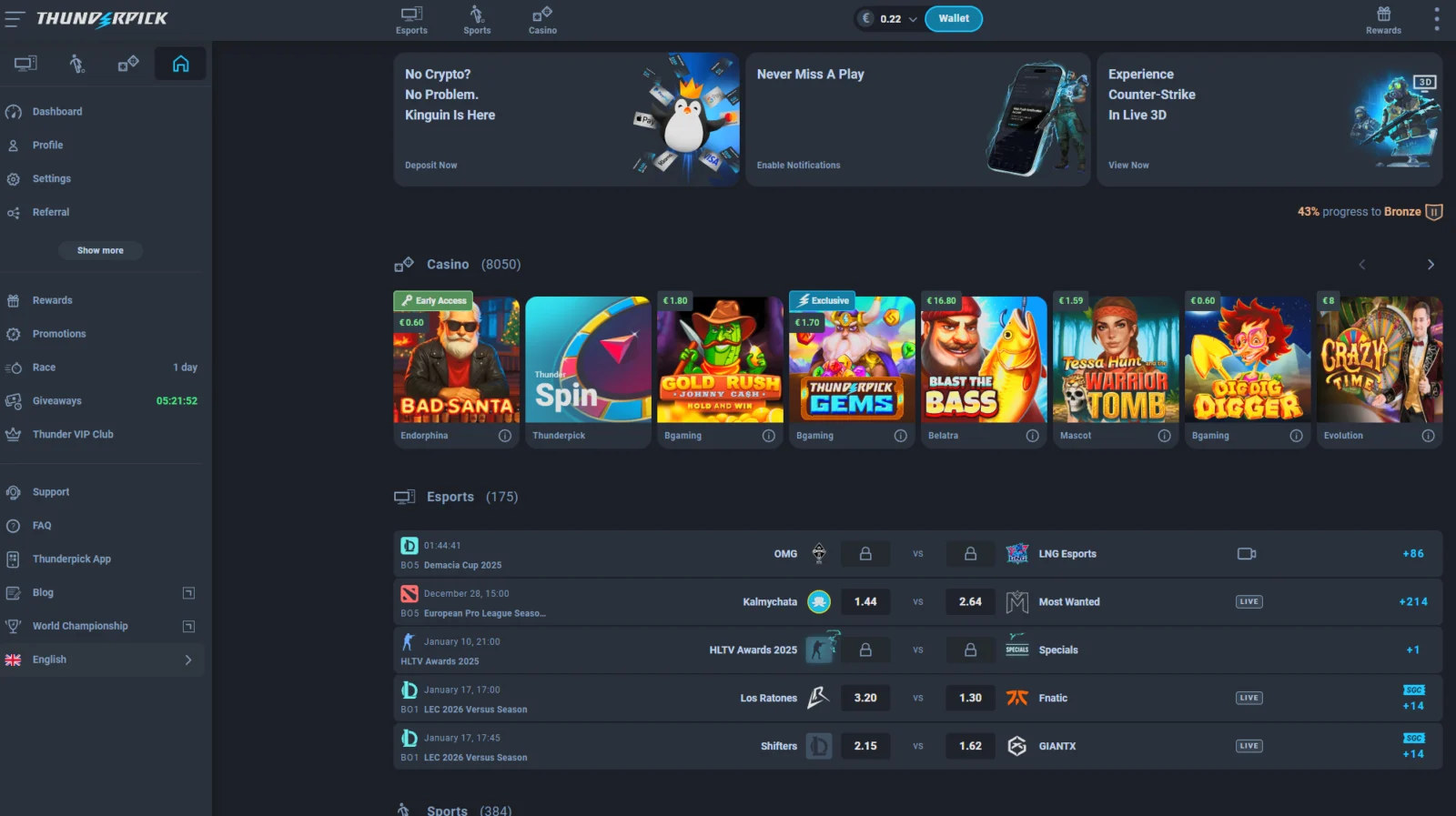 screenshot of the Thunderpick homepage – Esports/Sports/Casino section and promotional banner