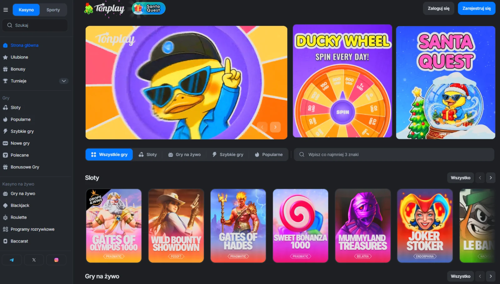 screenshot of TonPlay's live games section