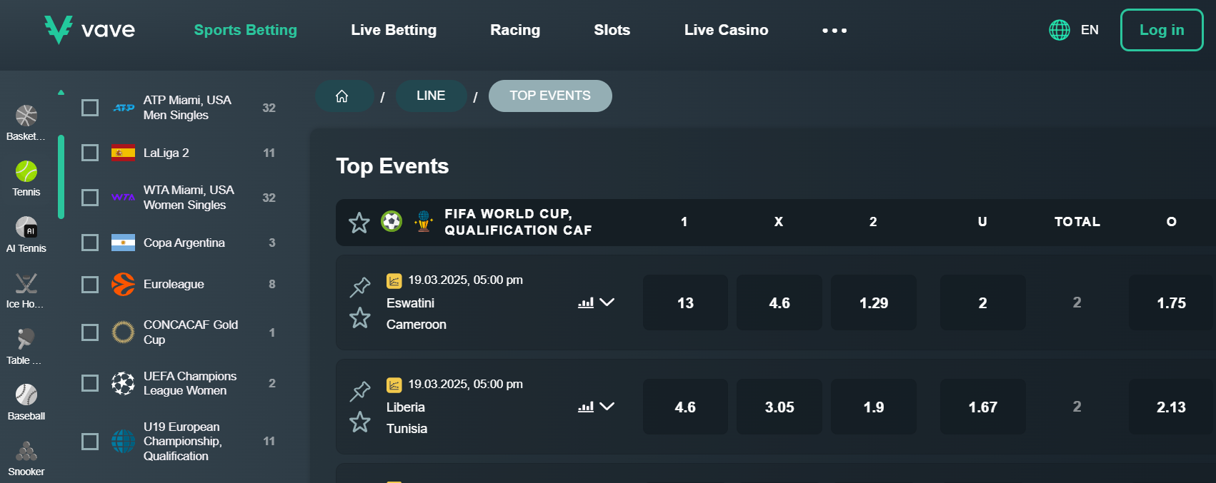 Vave Casino lobby screenshot