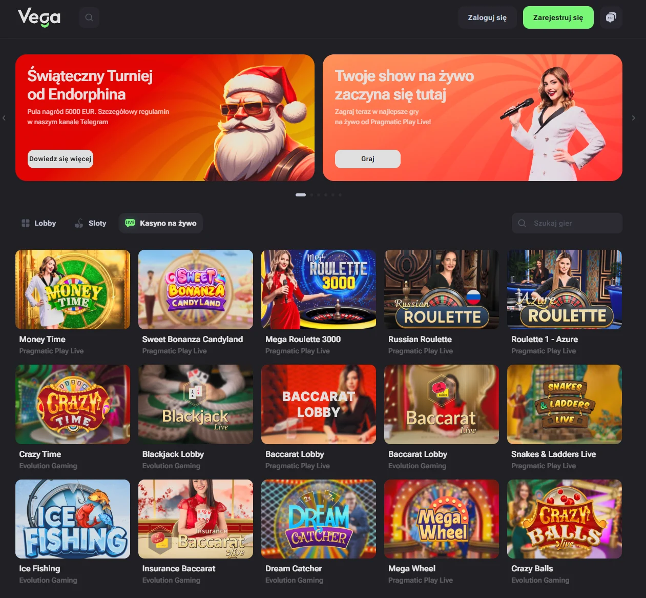screenshot of the VegaBet (Vega.bet) lobby