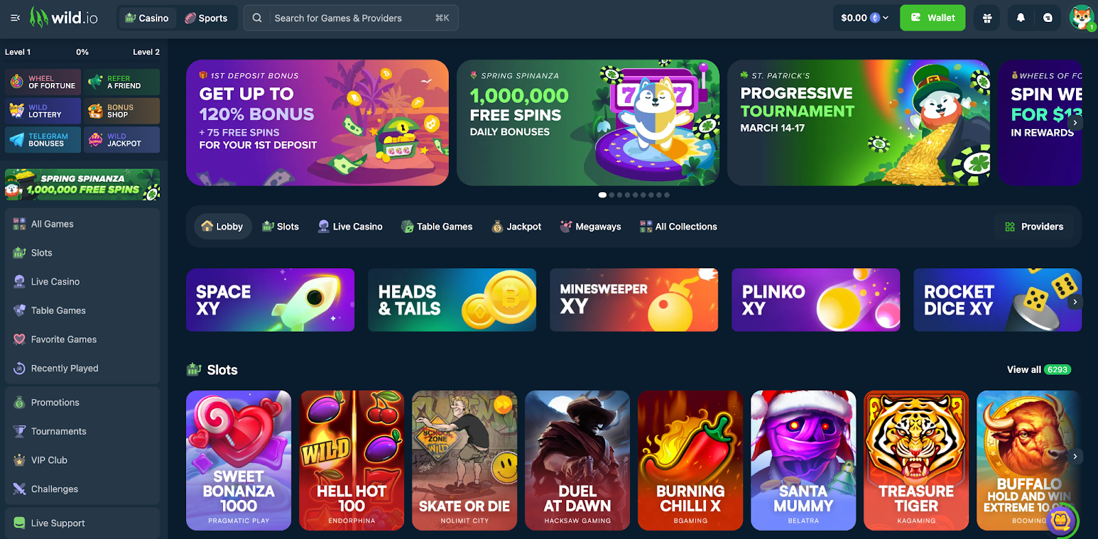 screenshot of the Wild.io lobby, homepage and casino games menu