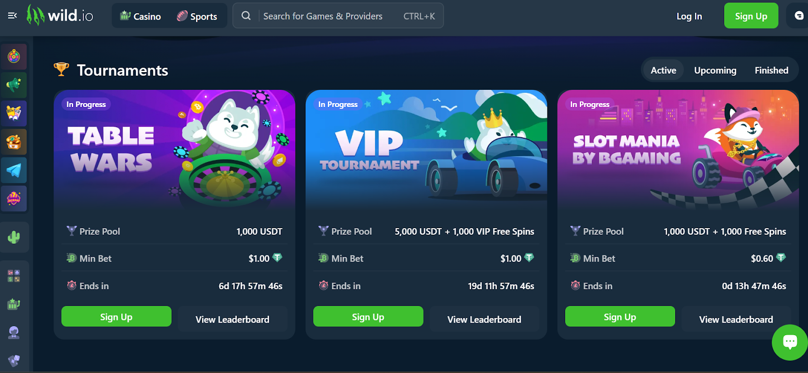 screenshot of Wild.io games section, live casino and online slots